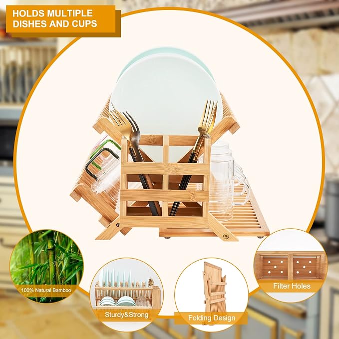 Bamboo Dish Drying Rack, 3 Tier Collapsible Wooden Dish Drainer Rack with Utensil Holder, Plate Rack for Kitchen Counter, Large Folding Drying Holder 51 pcs Grid - Image 9