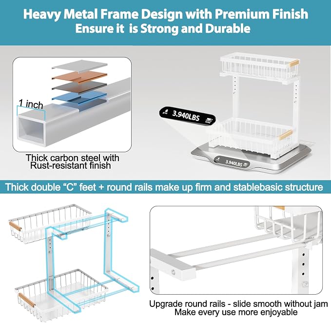 Liuoud Under Sink Organizer 2 Pack, 2 Tier Slide Out Large Capacity Height Adjustable Under Sink Organizers and Storage for Kitchen Bathroom Cabinet, White - Image 9