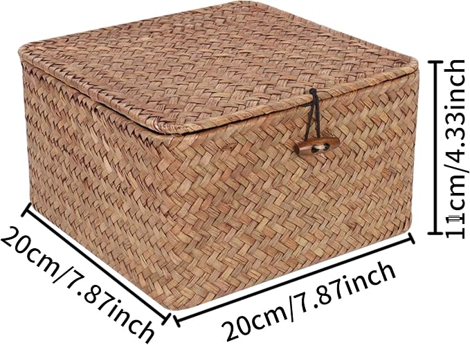 Moosky Wicker Shelf Baskets with Lid, Handwoven Seagrass Storage Basket Bins Square Gift Boxes for Shelves Home Decor Organizer (Coffee, Small) - Image 6
