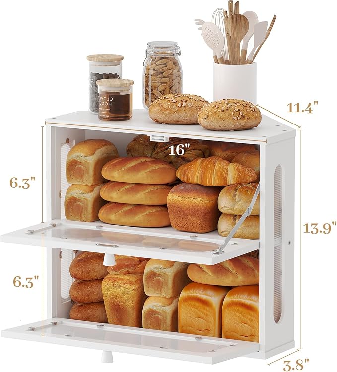 Corner Bread Box for Kitchen Countertop, 2026 New Double Layer Bamboo Bread Storage Bin, Large Bread Container for homemade bread (White) - Image 9