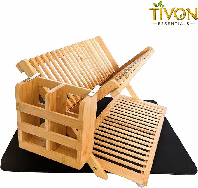 Bamboo Dish Drying Rack with Utensil Holder & Absorbent Dish Drying Mat|3Tier Collapsible Wooden Dish Rack for Kitchen Countertop|Large Foldable Dish Drainer|Kitchen Organizer for Plates Cups utensils - Image 9
