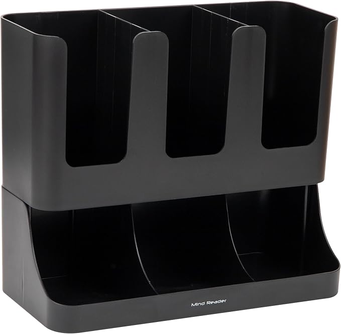 Mind Reader Condiment Station, 13 Inch Countertop Coffee Bar Organizer with 6 Compartments, Storage Caddy for Cups, Lids and Packets, Plastic, Black - Image 7