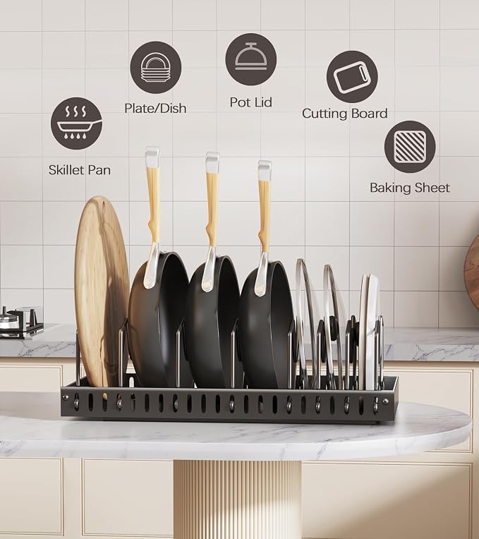 Lozovin Pull Out Pots and Pans Organizer Under Cabinet, Sliding Lid Holder and Pan Rack in Kitchen, Slide Out Inside Cabinet Storage for Pot Lid, Bakeware, Dishes, 8 Adjustable Dividers, 2 Pack Black - Image 7