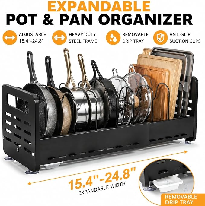 Pots and Pans Organizer Under Cabinet, Expandable Pot Lid Organizer | Adjustable Heavy Duty Rack with Removable Drip Tray, Expands 15.4"–24.8", Ideal for Kitchen Cabinets and Countertops. - Image 9