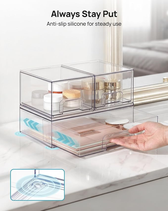 Vtopmart Stackable Storage Drawers Set of 4, Clear Plastic Organizer Bins for Bathroom Supplies,Ideal for Cabinet,Pantry,Laundry Room Organization - Image 7