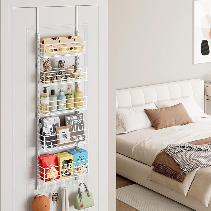 SWTYMIKI Over The Door Organizer - Door Organizer Hanging with 5 Adjustable Metal Large Capacity Basket and 6 Coat Hook, Wall Mounted Shelf for Bedroom Closet Bathroom Laundry Pantry Cabinet Kitchen - Image 9