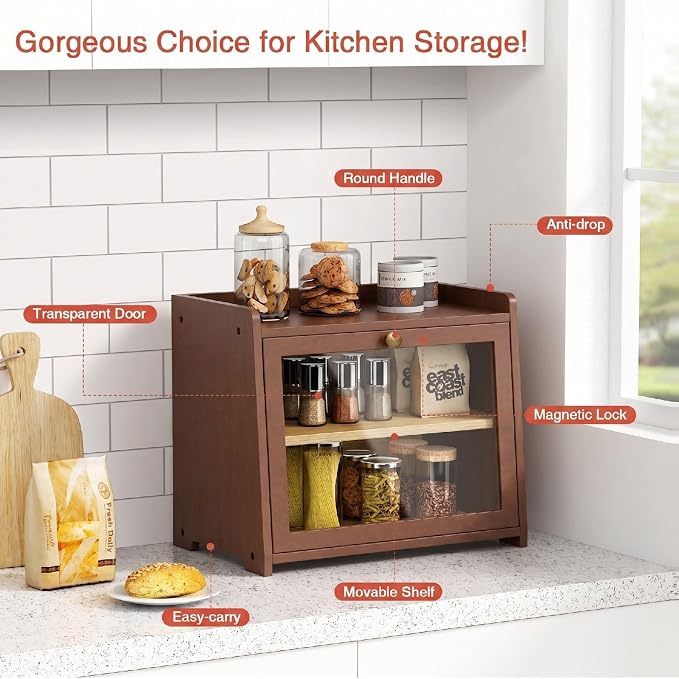 Goozii 2 Tier Bread Box for Kitchen Countertop, Double Layer Breadbox | Dark Brown Bamboo Wood | Storage Cabinet for Homemade Bread | Wooden Walnut - Image 7