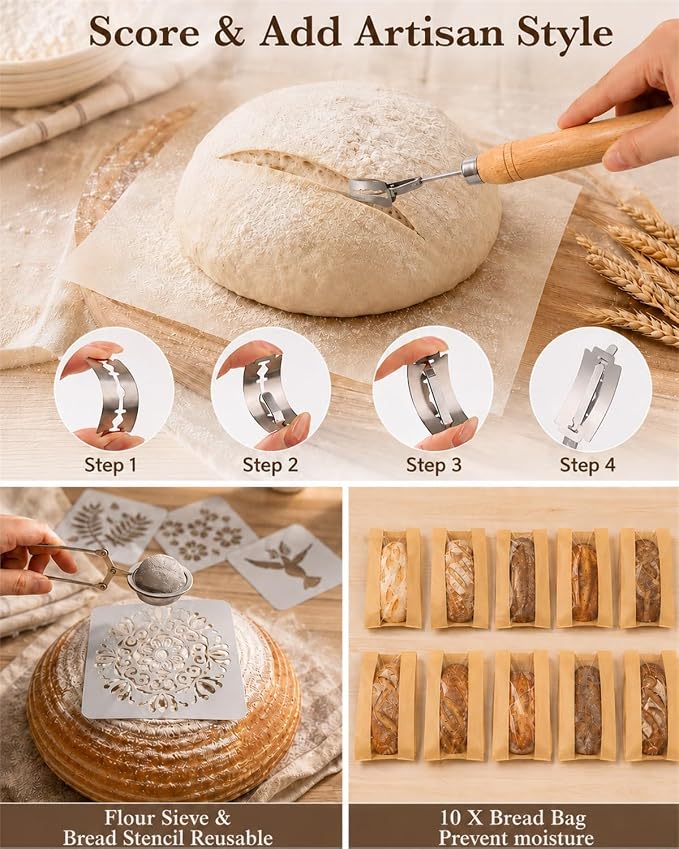 37 PCS Sourdough Starter Kit with Digital Scale, Timer, Thermometer, Bread Baking Supplies Kit, Round & Oval Banneton Proofing Basket Dough Whisk Bread Lame Complete Bread Making Tools Set - Image 7