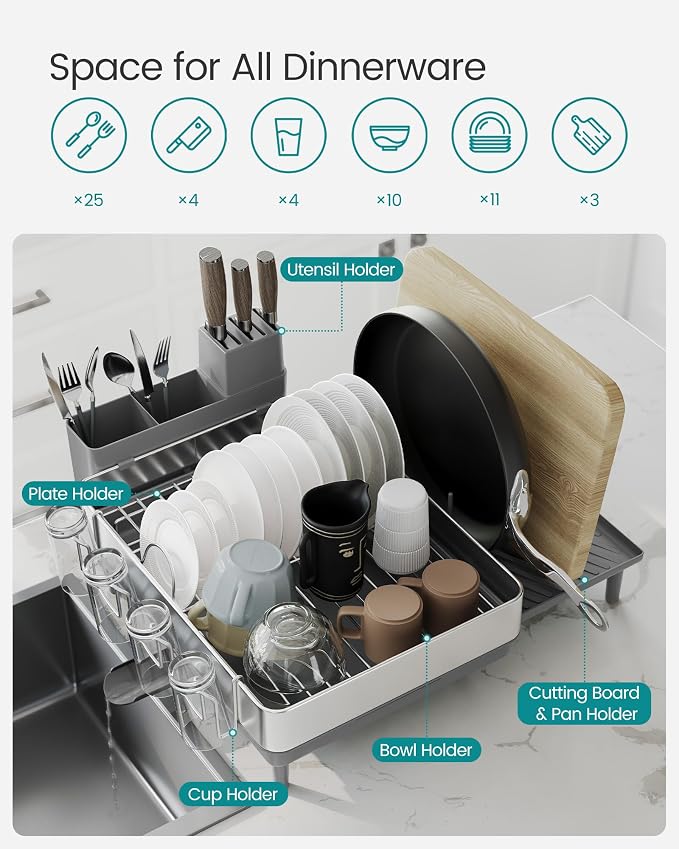 SONGMICS Large Dish Drying Rack, Expandable Dish Dryer for Kitchen Counter, Stainless Steel Dish Rack with Rotatable Spout, Utensil, Cup, Glass, Cutting Board, Pan Holders, Silver and Gray UKCS037G01 - Image 6