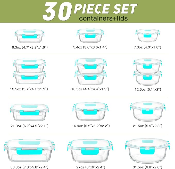 BAYZZ 30 Piece Glass Food Storage Containers Set, Glass Meal Prep Containers with Lids, Airtight Lunch Box, BPA-Free, Microwave, Freezer & Dishwasher Safe,Green - Image 7