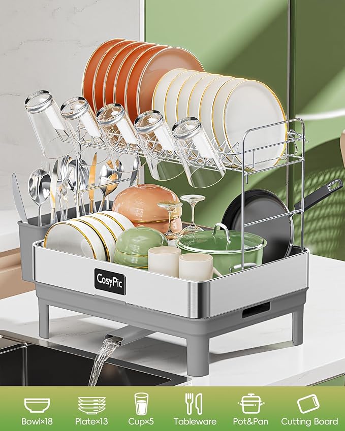 2 Tier Dish Drying Rack, Thicker Premium 304 Stainless Steel Dish Racks for Kitchen Counter, Automatic Drainage Spout, Dish Drainer & Drainboard Set with Utensil Holder and Cup Holder, Grey - Image 6