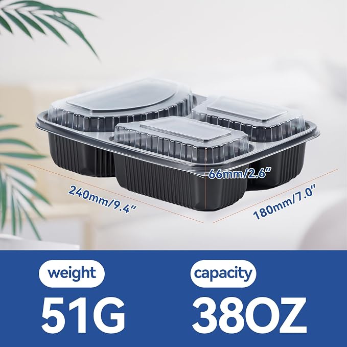 3-Compartment To Go Containers - Shrink-Wrapped No Pre-Wash 38oz | 40 Pack Ready to Use Leak-Resistant | BPA Free Shatterproof Flexible PP | Microwave Safe, Bulk Catering & Leftover Storage - Image 6