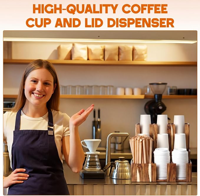 CroBlissful Acacia Vertical Coffee Cup and Lid Dispenser, Coffee Condiment Organizer, 9 Compartment for Disposable Paper & Plastic Cup, for Cabinet Station Home Countertop Bar 13''L x 13''W x 12''H - Image 6
