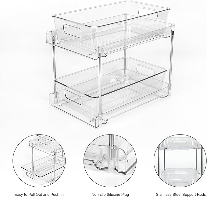 4 Pack Bathroom Organizers and Storage, 2-Tier Clear Under Sink Organizer, Vanity Counter Storage, Medicine Cabinet Organization, Pull-Out Cabinet Organizer With Track For Bathroom, Kitchen, Pantry - Image 8