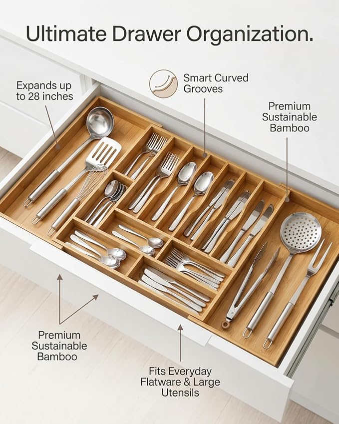 Expandable Bamboo Silverware Drawer Organizer – Adjustable 33" Wide Wooden Utensil Tray with 11-Compartments, Large Kitchen Flatware & Spoon Holder, Natural Solid Wood for Drawers - Image 7