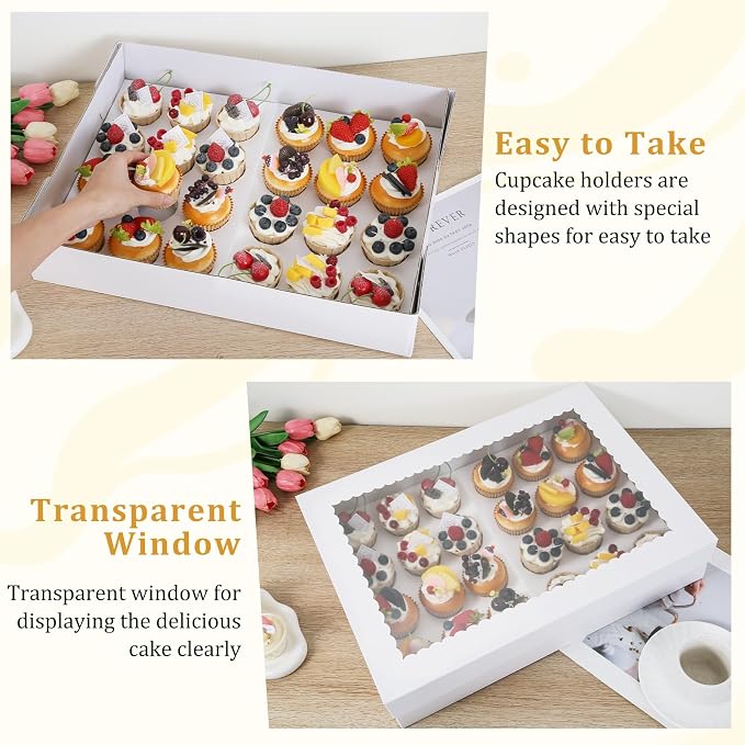 24 Count Corrugated Cupcake Box, 4 Pack Cupcake Containers with Windows, Disposable Cupcake Carriers for Muffins, Treats, Pastries,Mother's Day 19 x 14 x 3.9 Inches (White, 24Count /4Pcs) - Image 7