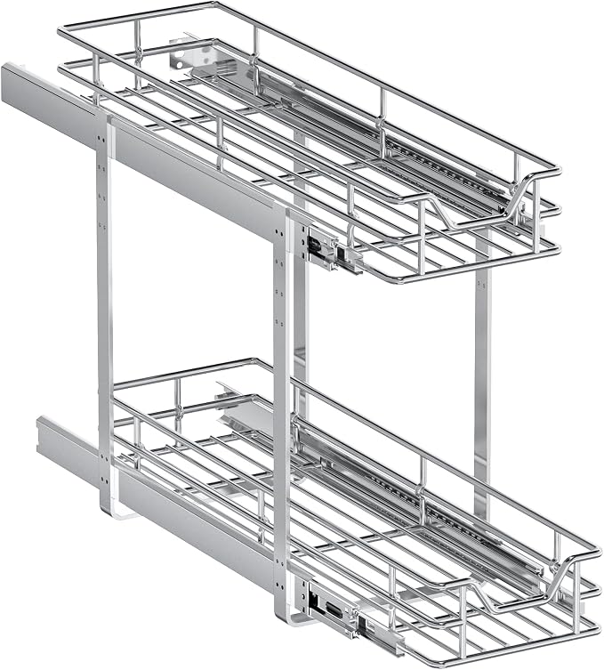 2-Tier Pull Out Cabinet Organizer, 7.5" W x 21.5" D, Heavy Duty Dual Slide Out Shelves for Narrow Base Cabinets, Chrome Wire Basket Drawer for Spices, Bottles & Snacks - Image 9