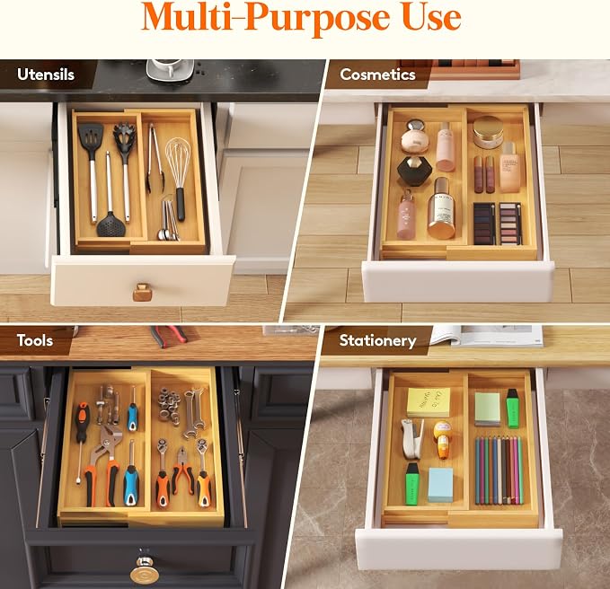 Lifewit Utensil Organizer for Kitchen Drawer, Expandable Cooking Utensil Tray, Cutlery Silverware Flatware Holder, Wood Adjustable Spatula Tools Storage Divider, 7-12 x 15.75", Natural - Image 9