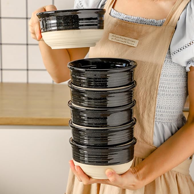 HASENSE Ceramic Cereal & Soup Bowls Set of 6, 20 Oz Black & Beige Stackable Stoneware Bowls, Farmhouse Bowls for Ramen, Salad, Oatmeal & Rice, Dishwasher & Microwave Safe - Image 7