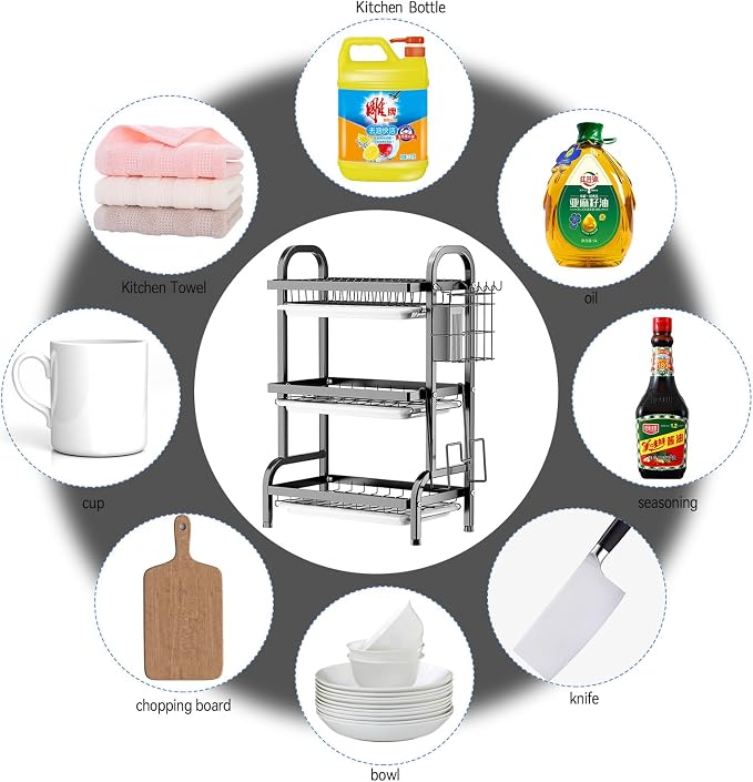 3 Tier Dish Drying Rack, Over The Sink Dish Drying Rack with Drain Tray, Large Kitchen Dish Rack for Countertop with Cutlery Holder, Knife Holder & Cutting Board Holder, Black - Image 7