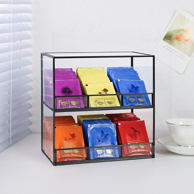 REDHUGO Glass Tea Bag Organizer, 2-Tier Tea Bag Holder for Counter, Black | Glass teabag organizer with 2-tier design and black frame, keeps tea bags tidy for counters, cabinets and tea stations - Image 7