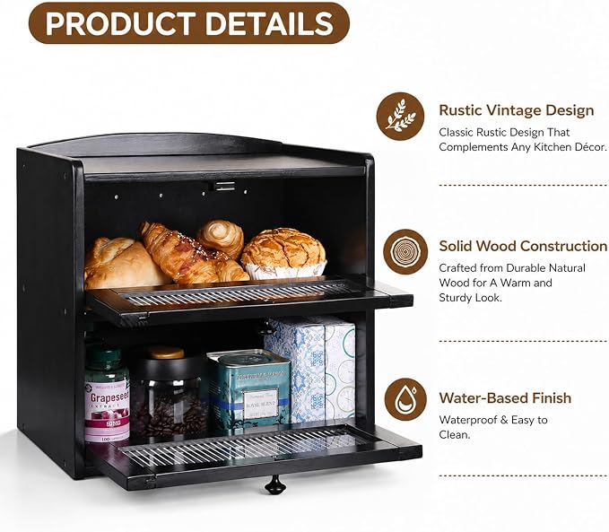Large Wooden Bread Box for Kitchen Countertop, 2-Tier, Black | Clear Acrylic Window Spacious Bread Storage Farmhouse Style Pantry Organization For Homemade Bread and Bagels - Image 8