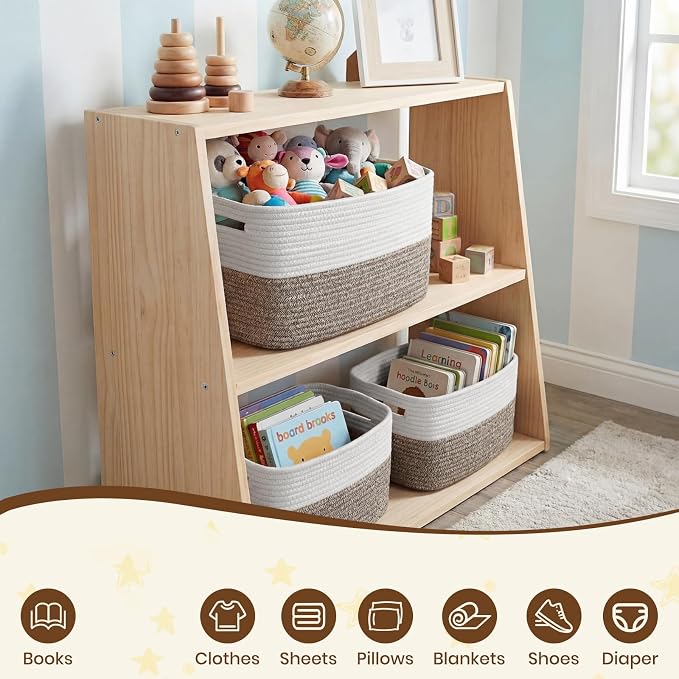 Storage Baskets for Organizing, 14 x 10 x 9” Closet Shelf Woven Baskets, Square Bins with Handles, Cotton Rope Basket for Clothes, Office, Room, White+Dark brown 1 Pack - Image 7