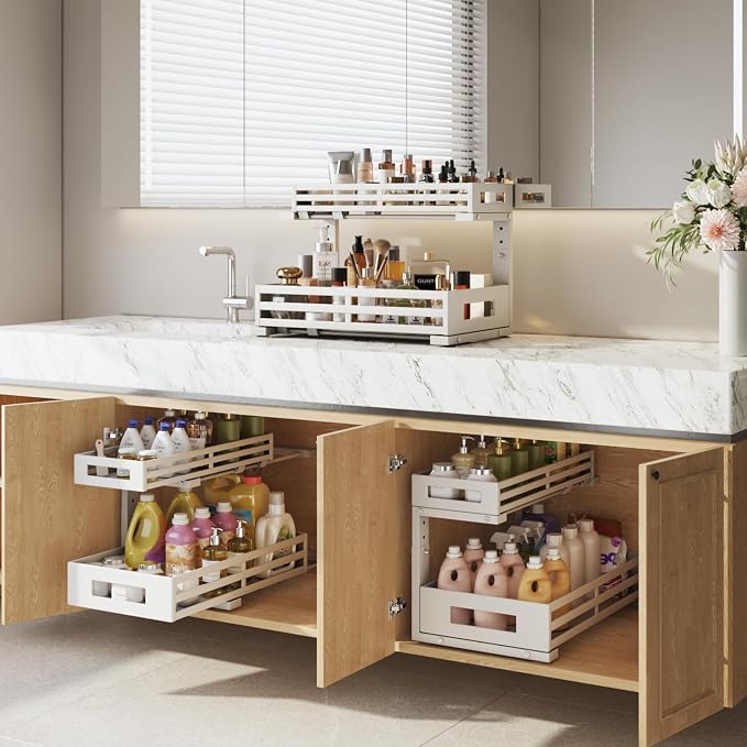 2-Pack 17"Deep Under Sink Organizer And Storage, 2-Tier L-Shaped Pull Out Cabinet Organizer with Upgraded Slide Rails, Height Adjustable Drawers for Kitchen&Bathroom, Extra-Large Storage Shelves–White - Image 8