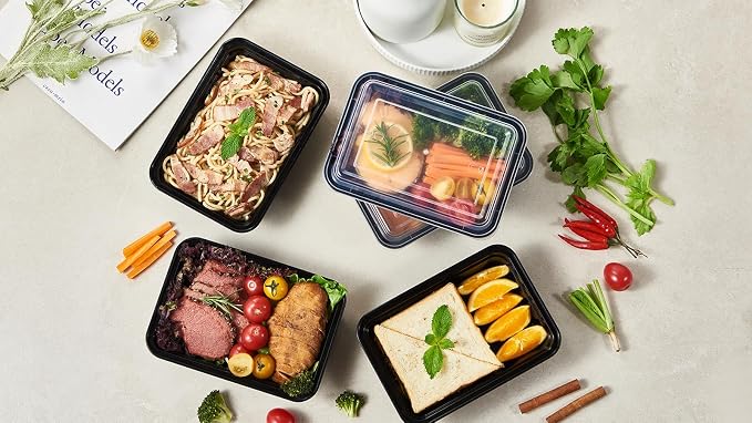 FULIGN 24 oz Meal Prep Containers With Lids Reusable 50 Pack Extra-thick Plastic Food Storage Black Disposable To Go Lunch Box BPA Free Stackable Microwave Dishwasher Freezer Safe - Image 7