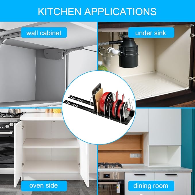 4 Adjustable Dividers Pull Out Pots and Pans Organizers | Optional Dividers Sliding Pot Lid Holder in Kitchen and Slide Out Cabinet Storage of Lids, Bakewares and Pots - Image 9