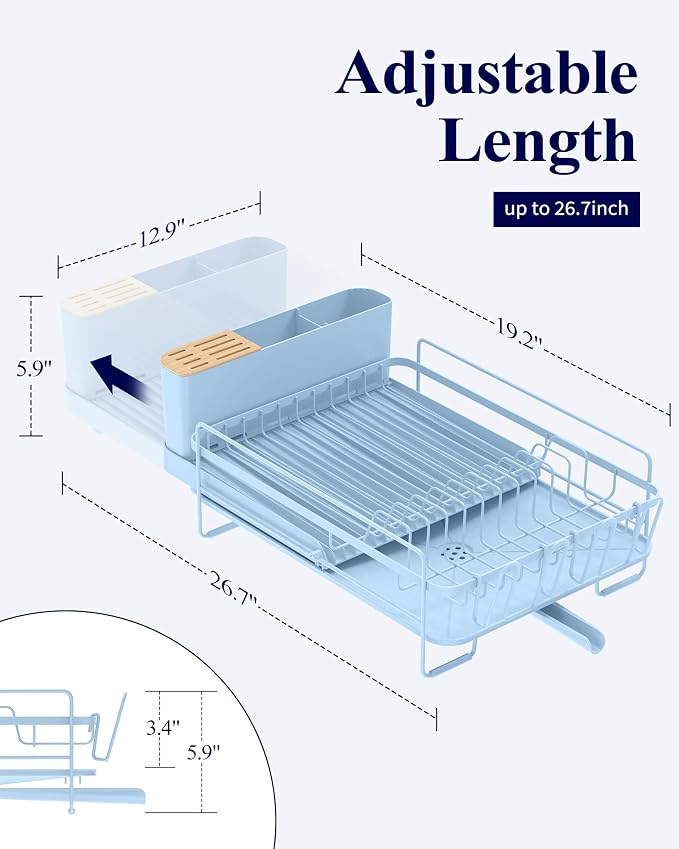 Kitsure Extendable Dish Drying Rack, 19.2"-26.7" L x 12.9" W, Blue | Large Dish Rack, Multifunctional Dish Rack for Kitchen Counter, Anti-Rust Dish Drainers with Cutlery & Cup Holders - Image 2