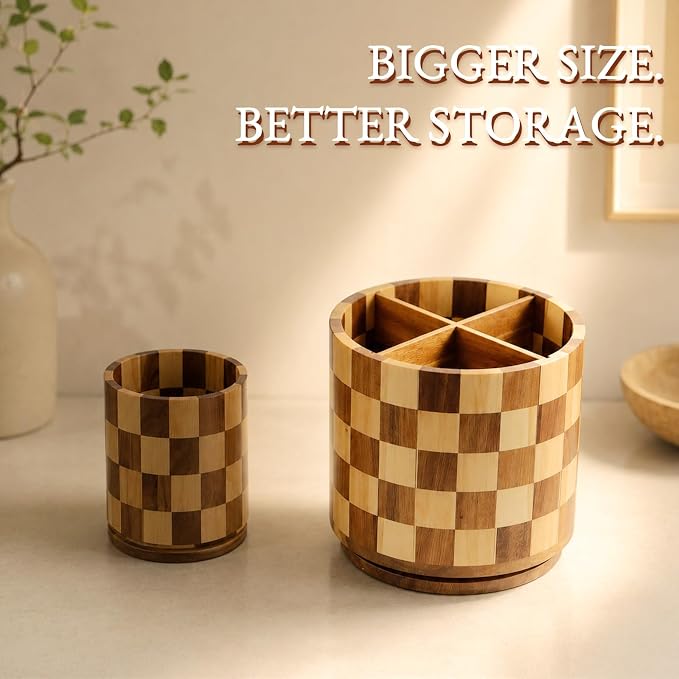 Rotating Wooden Utensil Holder – 7.8” Round Acacia Wood Kitchen Utensil Organizer with Checkered Design, Large Countertop Crock for Spatulas, Spoons & Cooking Tools, Farmhouse Kitchen Decor - Image 7