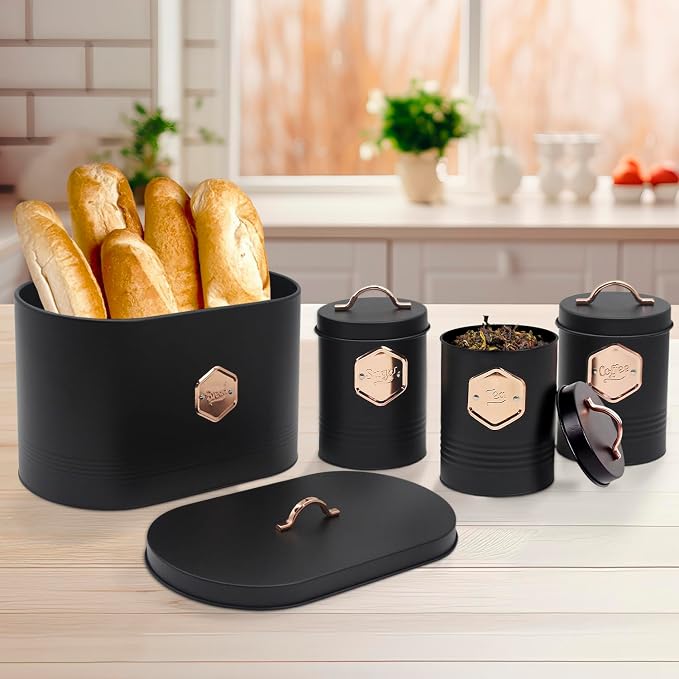 Plexon Bread Box for Kitchen Countertop with 3 Coffee, Tea, Sugar Canisters, Metal 4-Piece Bread Box Set with Lids and Cooper Labels, Black, BBCP4STBK - Image 8