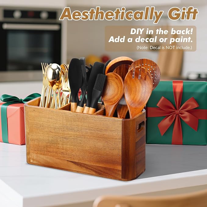 Kitchen Utensil Holder for Counter or Countertop, Extra Large Acacia Wood Organizer with 3 Compartments, Wooden Storage for Cooking and Silverware, Rustic Minimalist Decor, Sturdy Utensil Crock - Image 7