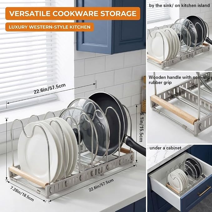 Stainless Steel Expandable Pot and Pats Organizer for Kitchen, Expandable Cookware Rack for Cutting Boards, Lids, Plate, Bowls, 304 SS 10 Adjustable Dividers Expanded Size 22.64" Lx7.28 Wx7.68 H - Image 8
