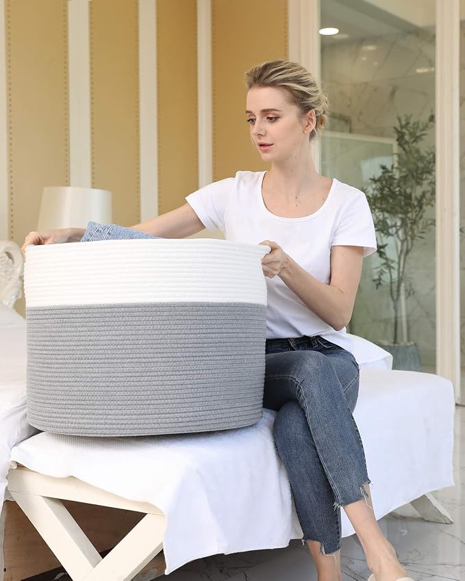 20x15 Inch Extra Large Round Cotton Rope Storage Basket with Lid, Decorative Woven Bin with Cover for Living Room Bedroom Closet, Grey - Image 8