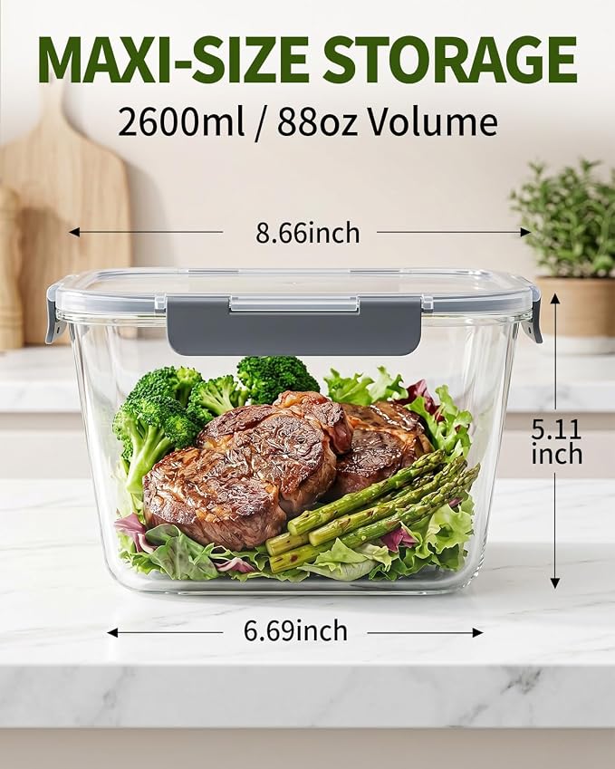 2 Pack 88oz/11 Cups Large Glass Storage Containers with Lids, High Borosilicate BPA Free Airtight Leakproof Meal Prep Containers for Microwave, Freezer & Dishwasher, Kitchen, Gym & Picnic,Baking - Image 6