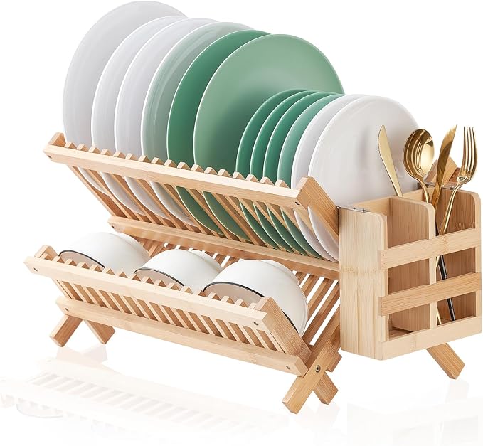 Bamboo Dish Drying Rack, 2 Tier Collapsible Dish Rack with Utensil Holder, Wooden Dish Drying Rack for Kitchen Counter, Large Folding Drying Holder, Dish Drainer 34 pcs Grid - Image 9