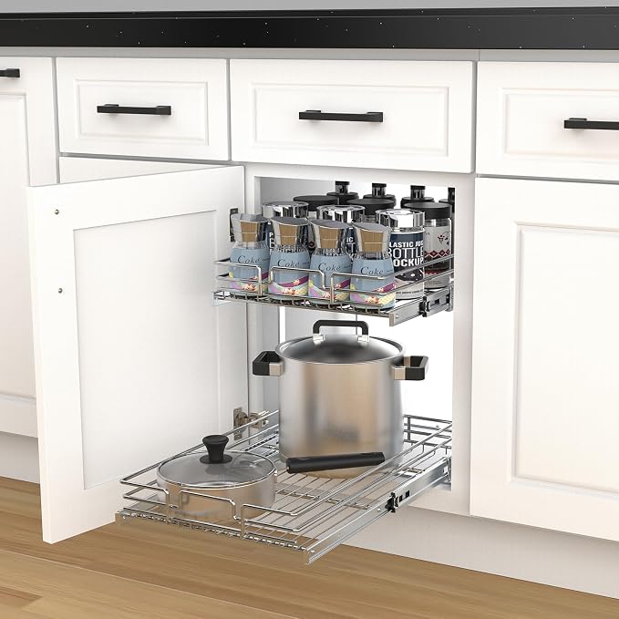 2 Tier Pull Out Cabinet Organizer, 23" W x 21" D Heavy-Duty Metal Sliding Drawer Shelf for Kitchen Cabinets, Chrome, Doesn't Include Door Fittings - Image 9