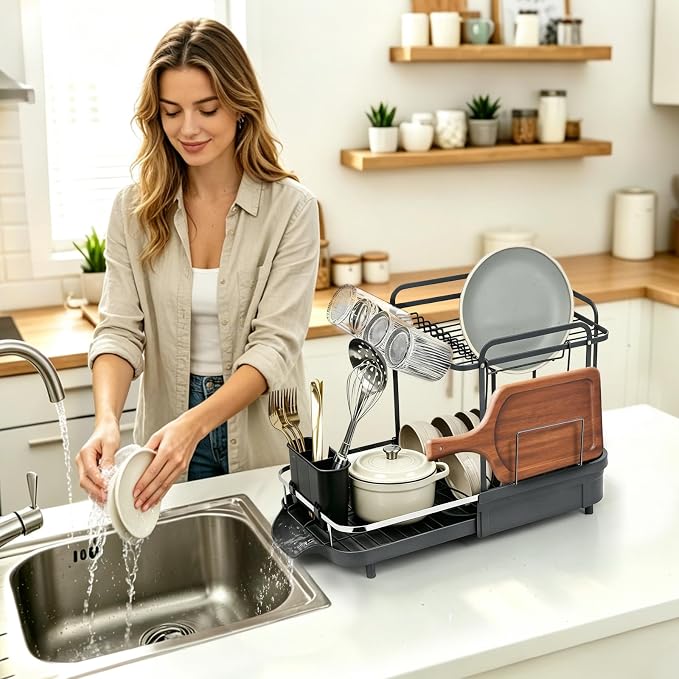 Expandable Stainless Steel 2-Tier Large Capacity Dish Drying Rack, Auto Drain Kitchen Counter Drainer with Rotatable Multi-Slot, Drainboard, Utensil, Cup Cutting Board Holder, 15"-22.4" Adjustable - Image 9