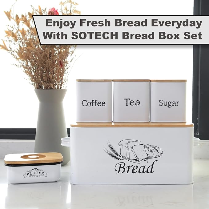 SOTECH Bread Box with 3pcs Jars Coffee Sugar Tea for Kitchen Countertop White Metal Bread Box with Bamboo Board Cover Pastry Storage Container Set Kitchen decor (bread box + jars + butter dish) - Image 8