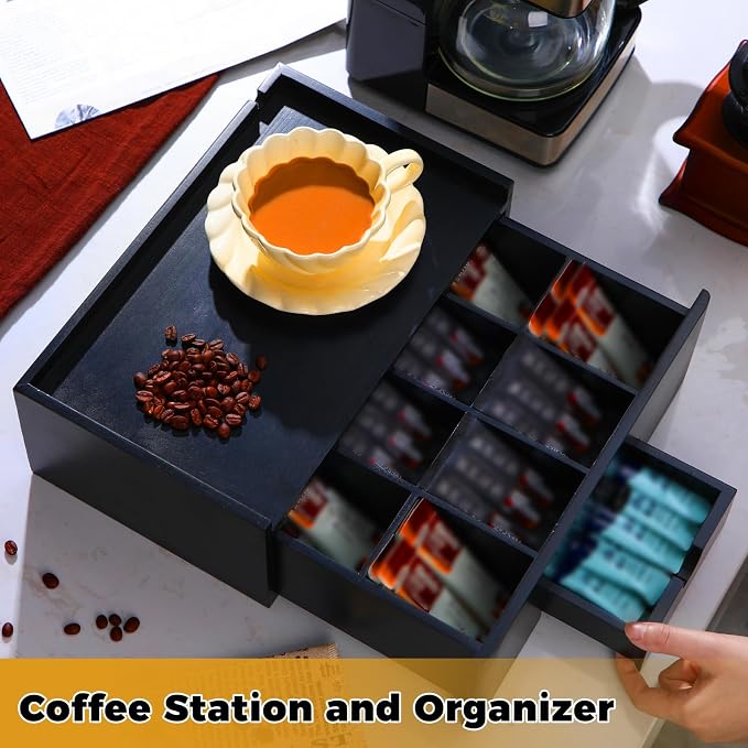 Cinnvoice Tea Bag Organizer Wood Tea Organizer Storage Box 8 Compartments Container Holder with Lid to Storage and Keep Fresh(Black) - Image 6