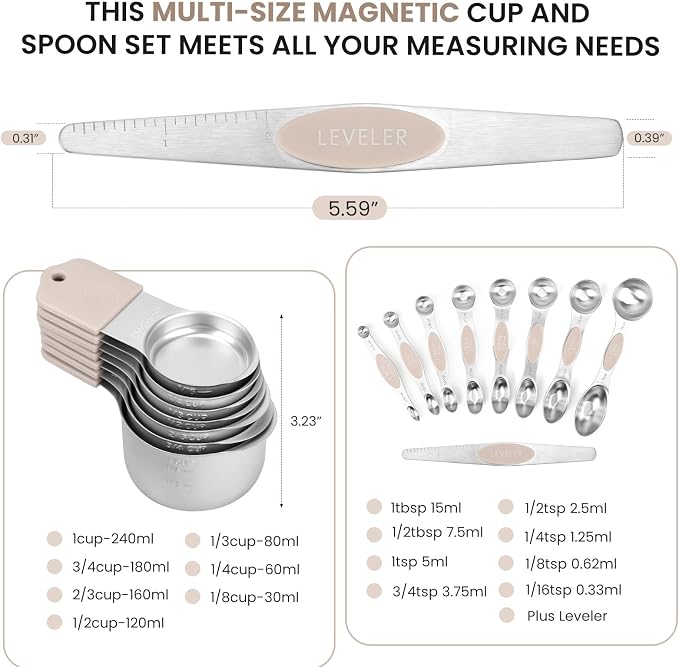 Magnetic Measuring Cups and Spoons Set-Heavy Duty 304 Stainless Steel,Double Measurement Markings,Set of 16 with Leveler for Measure Dry and Liquid Ingredients (khaki) - Image 6