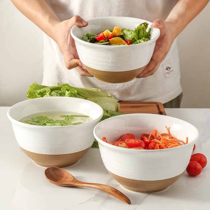 HASENSE Large Ceramic Soup Bowls Set of 4, 40 Oz 7 Inch White & Terracotta Stoneware Mixing Bowls, Farmhouse Bowls for Cereal, Salad, Pasta & Ramen, Dishwasher & Microwave Safe - Image 7
