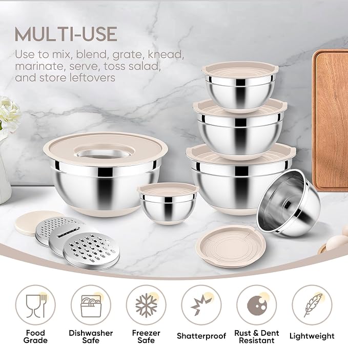 E-far 25PCS Mixing Bowls with Lid Set, Stainless Steel Nesting Prep Bowls with Grater Attachments Non-Slip Bottoms for Cooking, Serving, Food Storage, 4.6/2.6/2/1.5/1/0.7QT - Khaki - Image 7