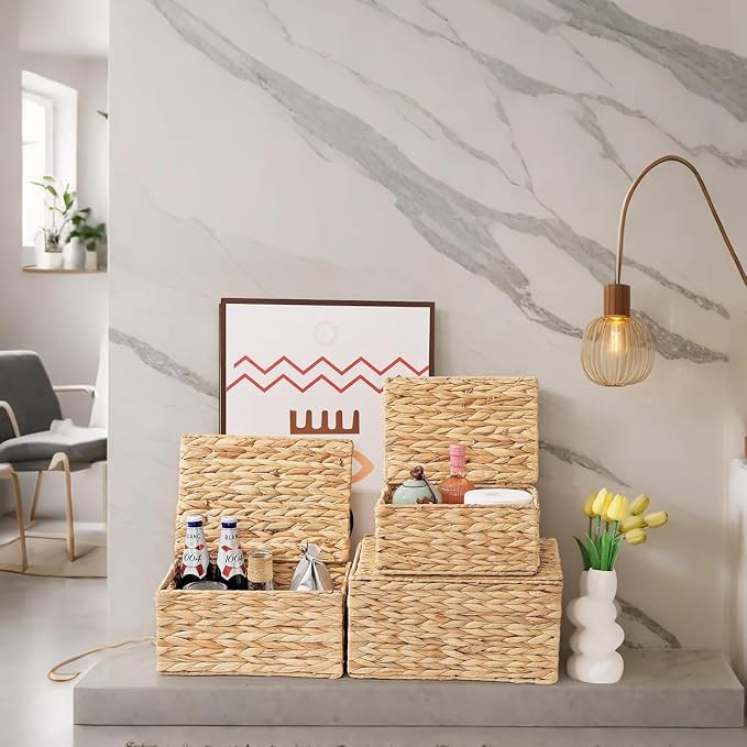 Wicker Storage Baskets with Lids,Multi-size 3 Pack Natural Water Hyacinth Wicker Nesting Baskets,Decorative Storage Ratten Boxes for Organizing,Storage,and Gifts - Image 7