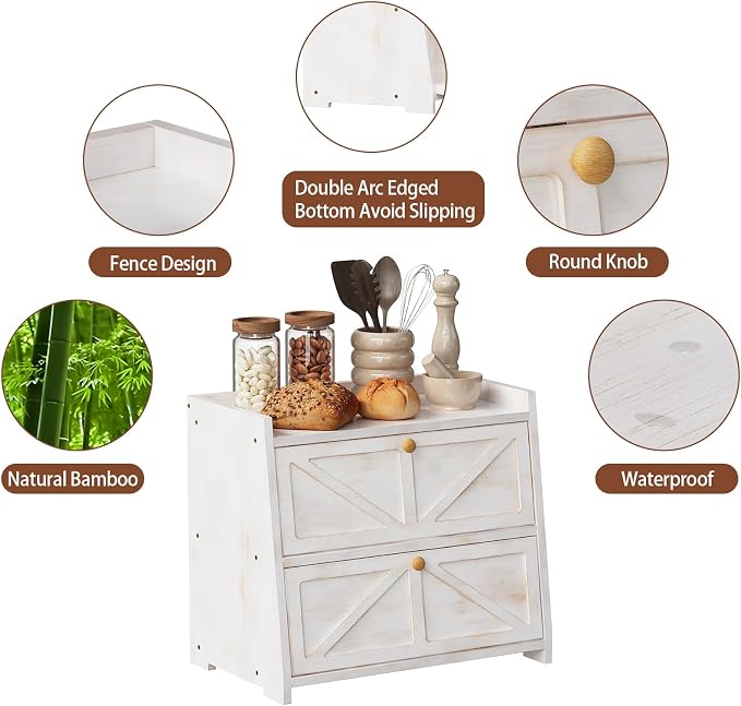 Trironsun Vintage Double Layer Bread Box for Kitchen Counter Bamboo Bread Storage Container Large Capacity Bread Storage Bin (Antique White) - Image 8