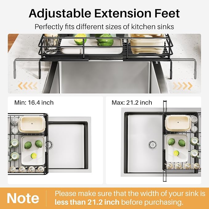 Dish Drying Rack, Extendable Dish Rack, Large Sink Drying Dish Drainer for Kitchen Counter, Carbon Steel Dish Strainer with Utensil Holder,Black - Image 8