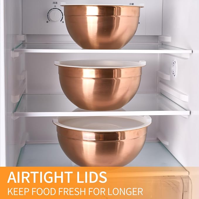 Rose Gold Mixing Bowls with Airtight Lids, Stainless Steel Nesting Mixing Bowls Set of 7, Ideal for Baking, Prepping and Serving Food, Size 7, 3.6, 2.7, 2.1, 1.5, 1.1,0.8 QT, Stackable Design - Image 7