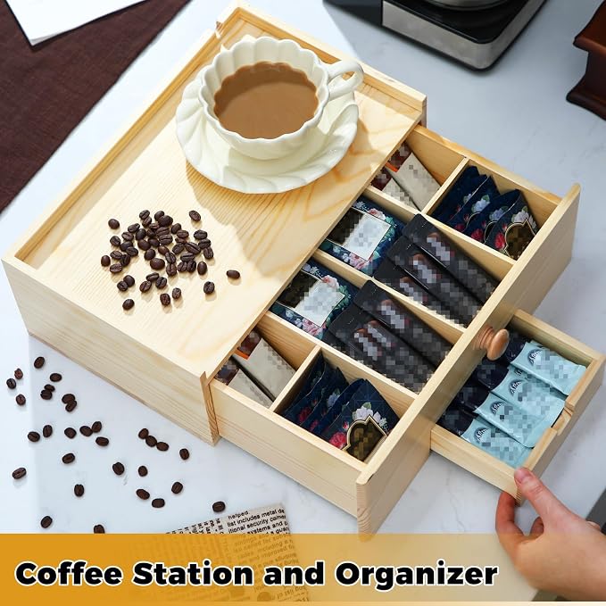 Cinnvoice Tea Bag Organizer Wood Tea Organizer Storage Box 8 Compartments Container Holder with Lid to Storage and Keep Fresh(Brown) - Image 6